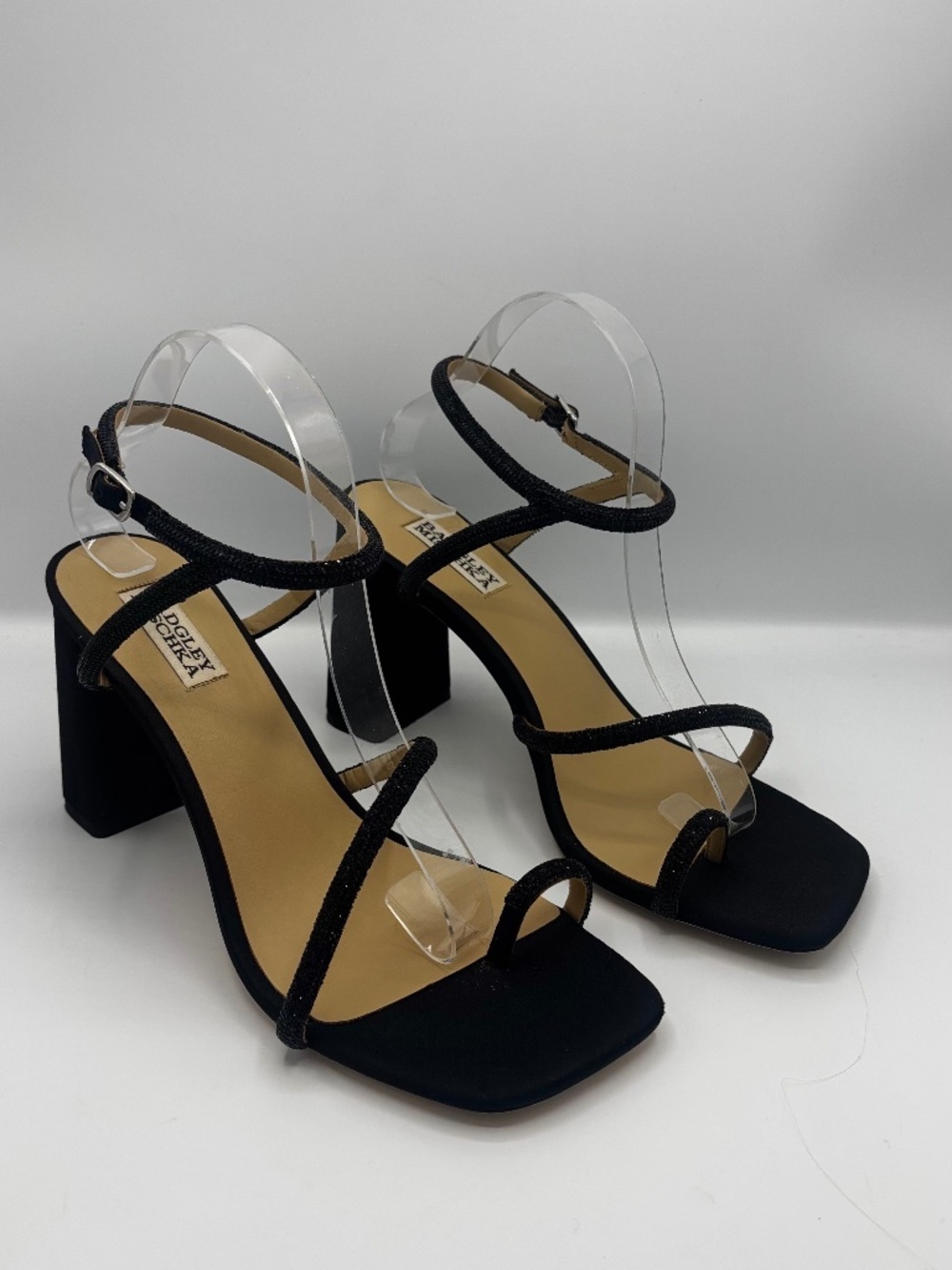 Badgley Mischka Dalilah Black Crystal Strappy Block Heel Sandals 9.5